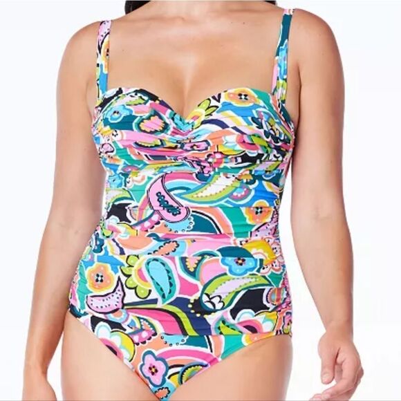 Bleu Rod Beattie Paisley Floral Print Shirred Bandeau One Piece Swimsuit size 6 - Picture 10 of 16